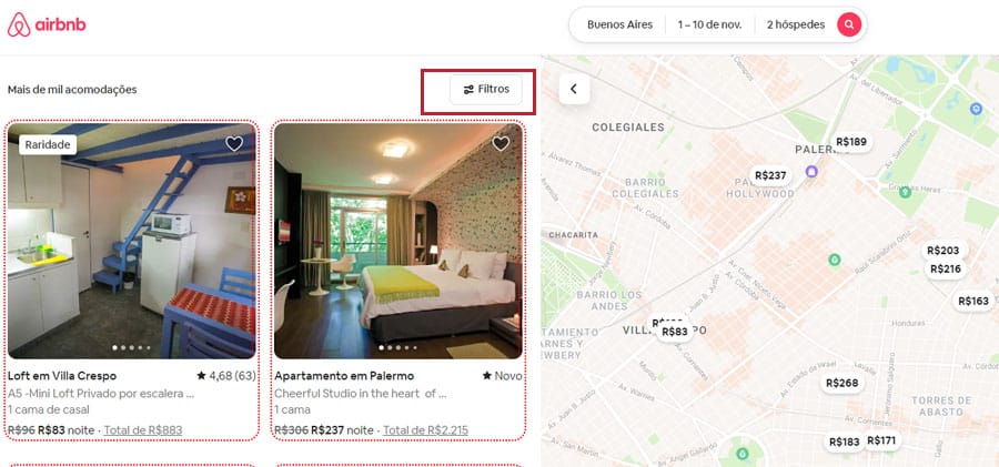 Página do Airbnb com opções de Hospedagem