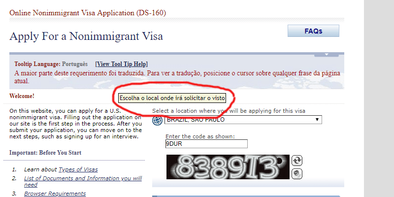 Aplicação para visto americano