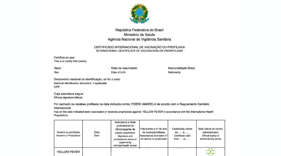 Certificado internacional de vacinação fornecido pelo governo brasileiro