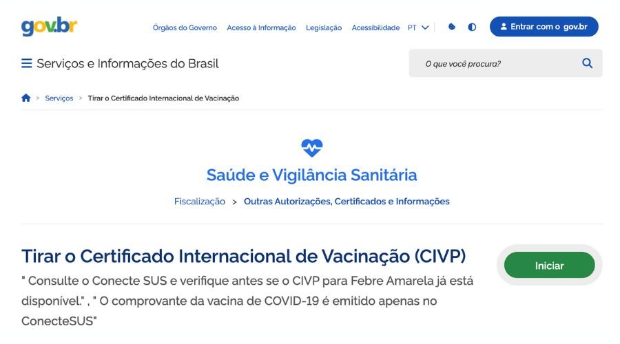 Página do site do Governo Brasileiro onde o viajante acessa para imprimir o comprovante internacional de vacina de febre amarela
