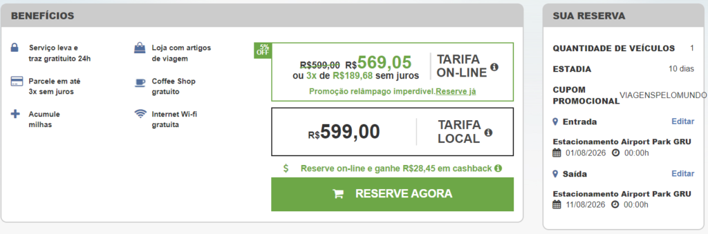 Reserva online do estacionamento do Airport Park pagando online e usando nosso cupom.