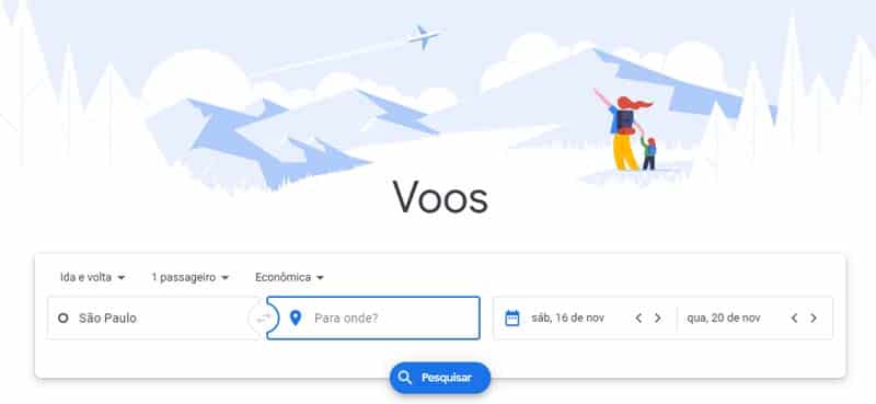 Página inicial do Google Flights