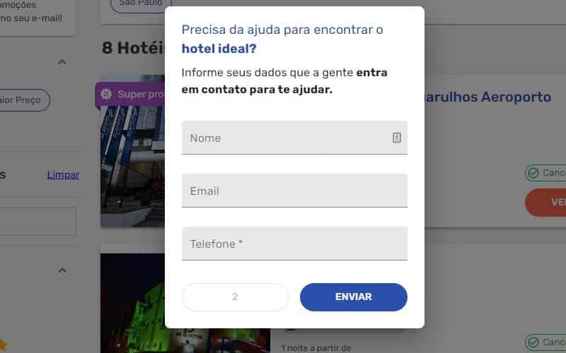 Formulário de contato na página de hotéis do El Quarto