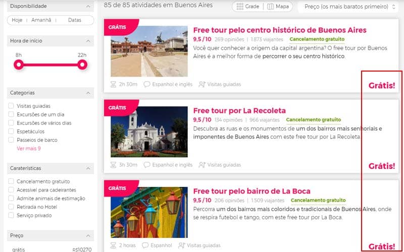 Página com atividades gratuitas em Buenos Aires- Civitatis é confiável