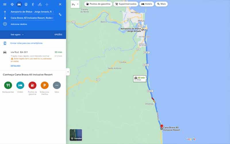 Mapa do Google com distância do Aeroporto de Ilhéus até o Cana Brava Resort
