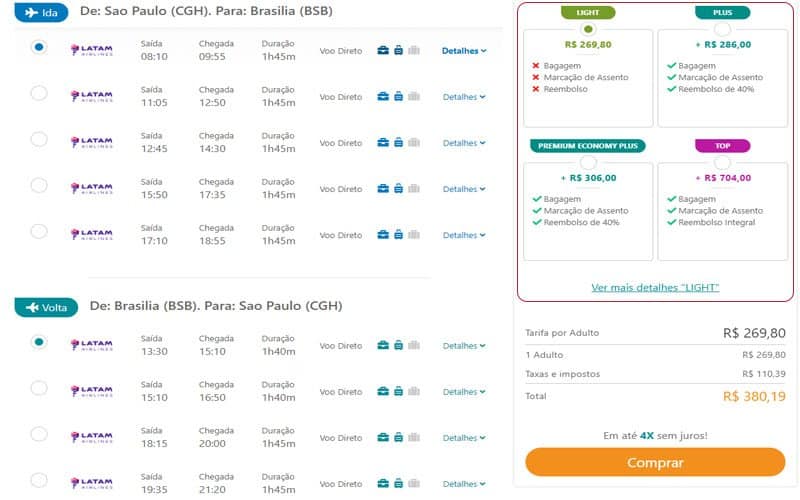 opções de tarifas de voos no site da Zupper