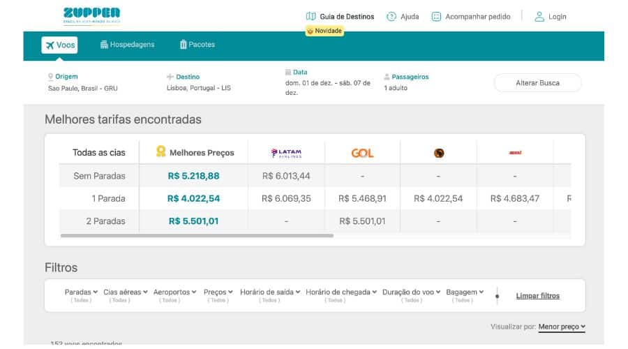 Página com o calendário das tarifas separados por companhia aérea