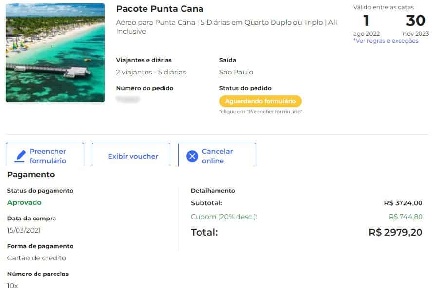 Página com o pedido de pacote de viagem para Punta Cana no Hurb
