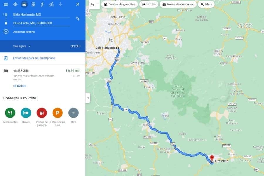 Google Maps mostrando a distância de BH até Ouro Preto