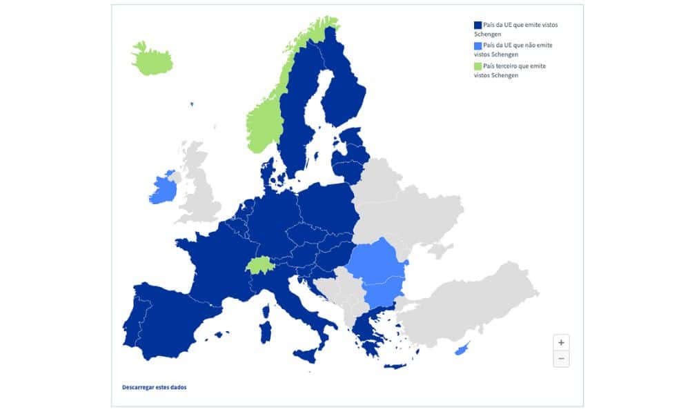Mapa do países que fazem parte do tratado de Schengen