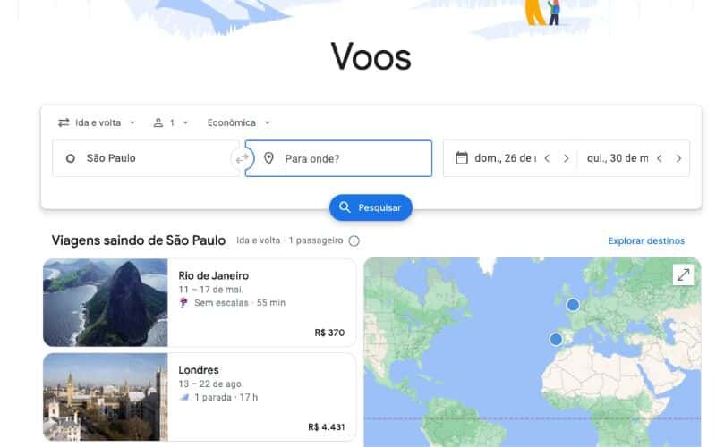 Google Voos, site para pesquisar passagens aéreas
