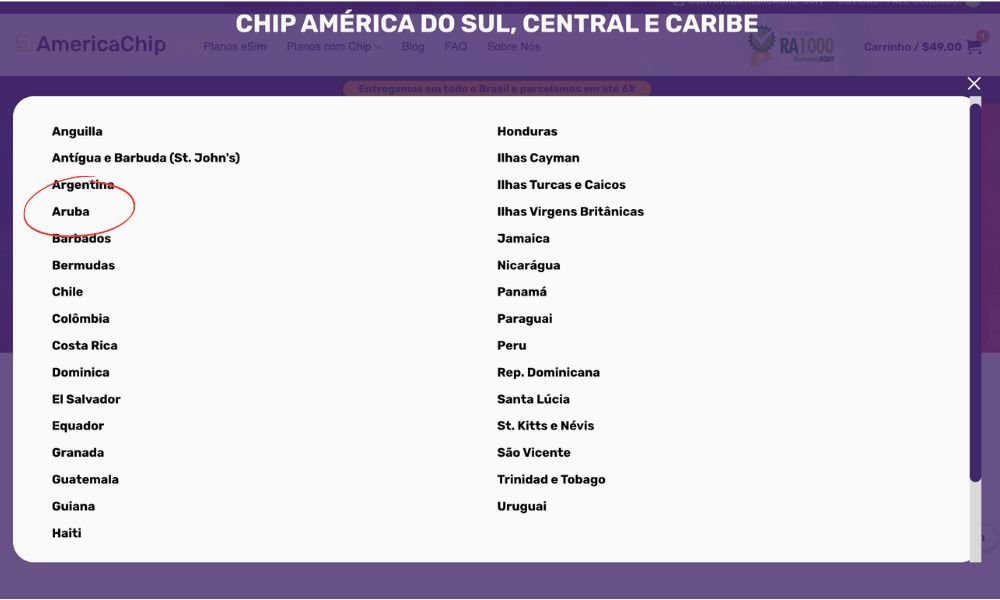 Lista de países que o chip da America Chip é compatível na região