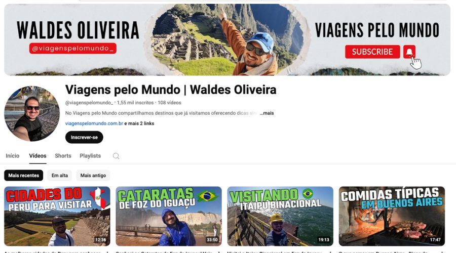 Página do youTube no canal do Viagens pelo Mundo