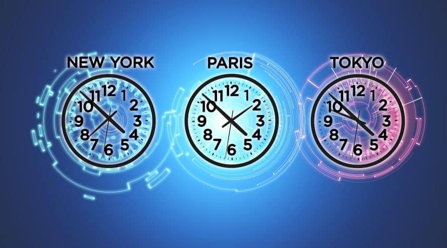 Relógios nos horários em cada cidade pelo mundo: New York, Paris e Tokyo