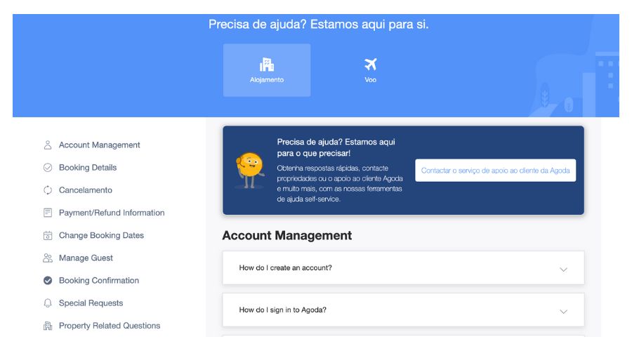 Página da Agoda para atendimento e ajuda os viajantes