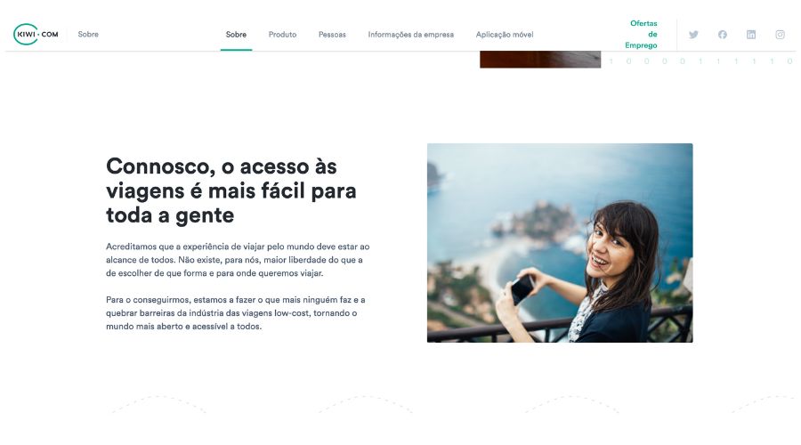 Página da Kiwi.com contando explicando a missão da empresa