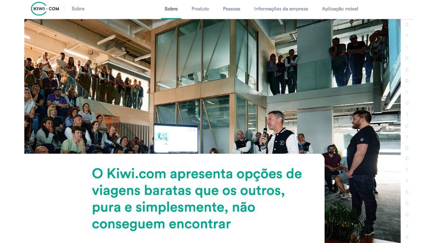 Página sobre a Kiwi.com com informações sobre a visão da empresa 