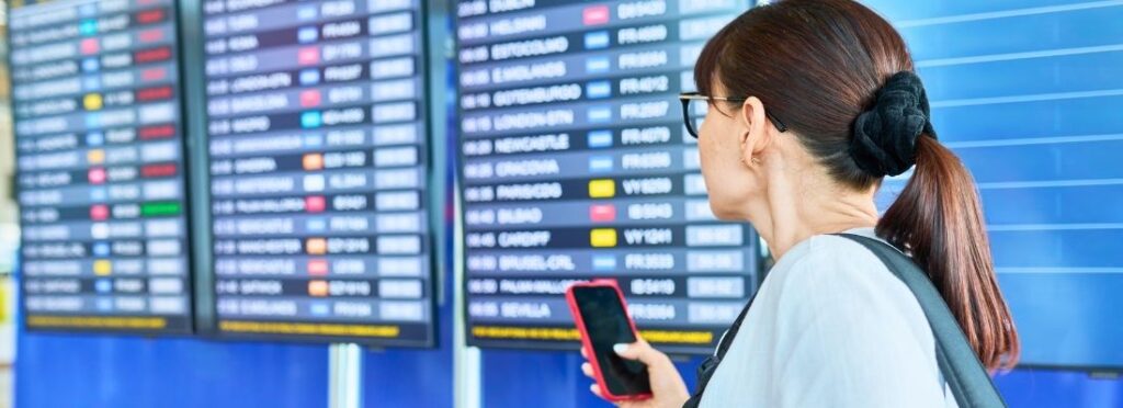 Antecipar Voos: Mulher com celular na mão olhando para o painel de voos do aeroporto.