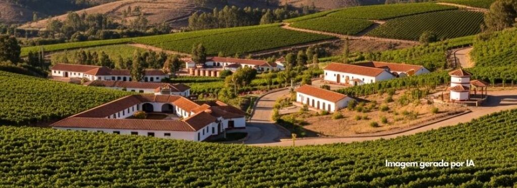 Vinícolas em Tarija. Casas antigas no meio aos vinhedos e no fundo as montanhas. Imagem gerada por IA.