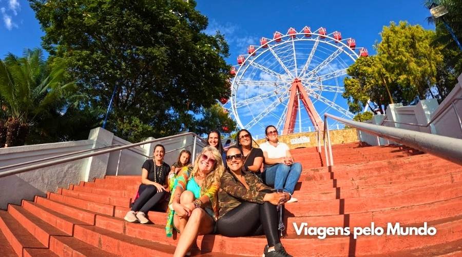 Blogueiros da ABBV no Hopi Hari com a Roda Gigante no fundo.